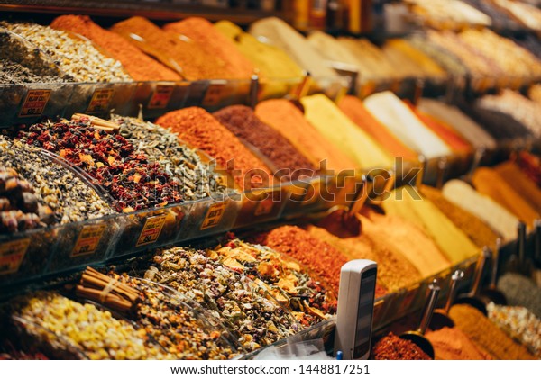 displays of products on offer in the world famous\
Spice market in Istanbul\
Turkey