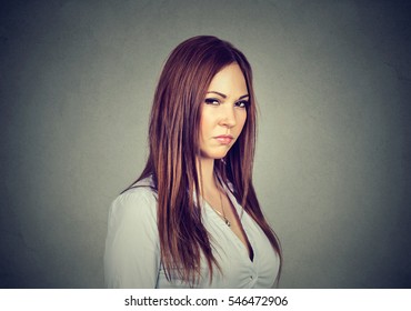 Displeased Angry Pessimistic Woman With Bad Attitude Looking At You. Negative Human Emotion