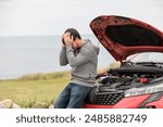 Displeased man breaks down car in the middle of trip on the road calls tow truck to come repair car, roadside assistance, broken down car tired man