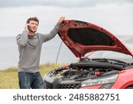 Displeased man breaks down car in the middle of trip on the road calls tow truck to come repair car, roadside assistance, broken down car tired man