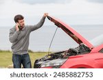 Displeased man breaks down car in the middle of trip on the road calls tow truck to come repair car, roadside assistance, broken down car tired man