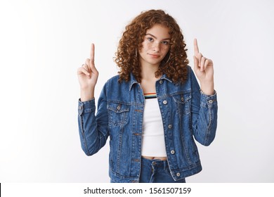 Displeased Unsatisfied Cute Teenage Redhead Girl Face Bummer Being Disappointed Point Up Upsetting Uncool Product Smirking Unimpressed Look Irritated Let-down White Background