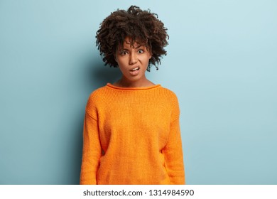 Disappointed Angry Woman Afro Hairstyle Frowns Stock Photo 1340951588 