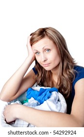 Displeased Woman Doing Laundry Isolated On A White Background