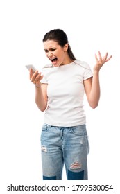 displeased woman screaming and holding smartphone isolated on white - Shutterstock ID 1799530054