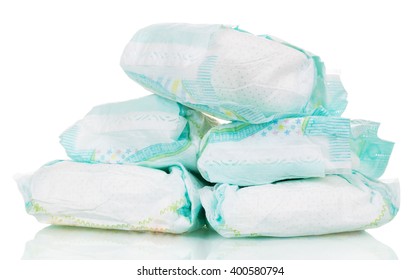 Disposable Baby Diapers Isolated On White Background.