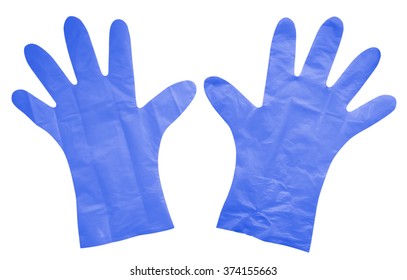 Disposable Blue Plastic Gloves Isolated On White. Clipping Path Included.