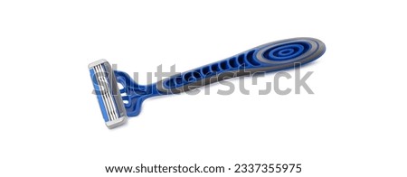 Disposable blue razor isolated on white background. Сlose-up. With clipping path
