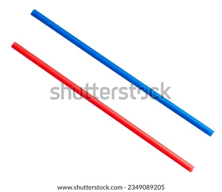 disposable blue and red plastic drinking straws cutout on white background