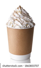 Disposable Cup Of Frappe With Whipped Cream And Cinnamon Powder Isolated On White Background