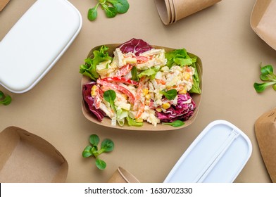 Disposable Eco Friendly Food Packaging. Vegetable Salad In The Brown Kraft Paper Food Containers On Beige Background. Top View, Flat Lay.