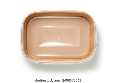 disposable kraft paper box with plastic lid isolated on white background. top view