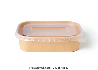 disposable kraft paper box with plastic lid isolated on white background