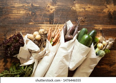 Disposable Paper Ecological Packaging For Vegetables. Fresh Organic Products And Waste Free Lifestyle.