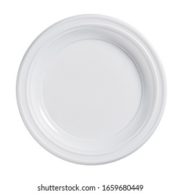 Disposable Plastic Plate Isolated On A White Background, Top View