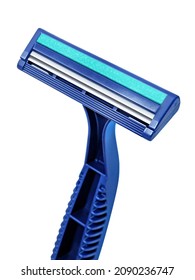 Disposable razor. Several blue razors on white background. Сlose-up.