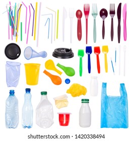Disposable single use plastic objects such as bottles, cups, forks, spoons and drinking straws that cause pollution of the environment, especially oceans. Isolated on white background. - Shutterstock ID 1420338494