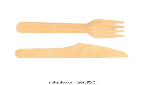 Disposable Wooden Fork And Knife On A White Background