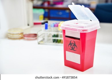 Disposal container for Infectious waste, reducing medical waste disposal. Small Medical Waste sharps container with sharps for bio-hazard.