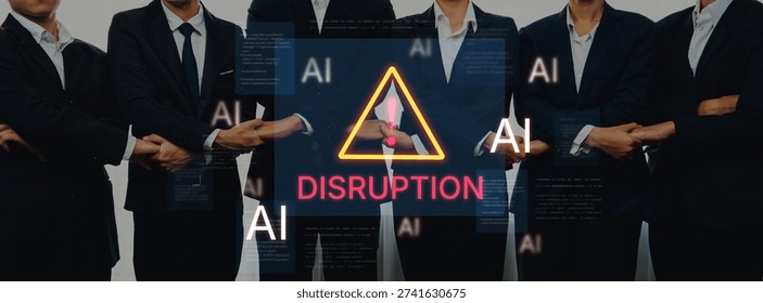Disruption warning future of work, featuring AI agents replacing human jobs. Represents labor unemployment, corporate automation cost shift, and need for new career reskilling and upskilling. Corpus