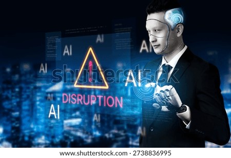 Disruption warning future of work, featuring AI agents replacing human jobs. Represents labor unemployment, corporate automation cost shift, and need for new career reskilling and upskilling. Corpus