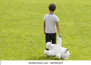 Dissapointed Young Boy Is Holding A Teddy Bear And Standing On The Meadow. Child Looking Down. Back View. Sadness, Fear, Frustration, Loneliness Concept