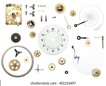 Dissasembled clock on white backgroung