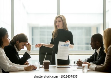 Dissatisfied Angry Female Executive Scolding African Employee For Bad Work At Diverse Group Meeting, White Woman Boss Reprimanding Black Subordinate For Poor Financial Result At Office Team Briefing