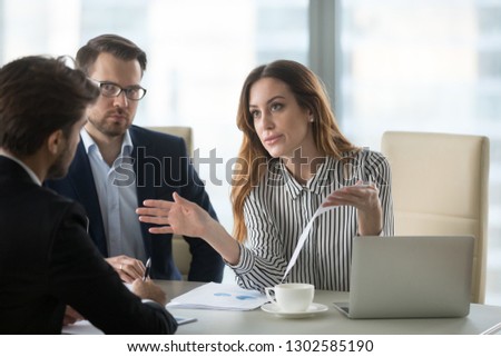 Dissatisfied executive manager having conflict with employee about financial report mistake, disgruntled clients claim complaint disputing about bad contract terms meeting lawyer, legal fraud concept