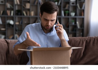 Dissatisfied Unhappy Man Talking On Phone With Customer Support Service, Complaining, Sitting On Couch At Home, Frustrated Angry Customer Arguing With Shipping Company, Bad Delivery Service Concept
