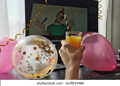 Distance birthday, love, social distancing, friendship, surprise,  quarantine, isolation, stay at home,  self-isolation concept. Birthday congratulation through the computer screen. Selective focus.  - Powered by Shutterstock