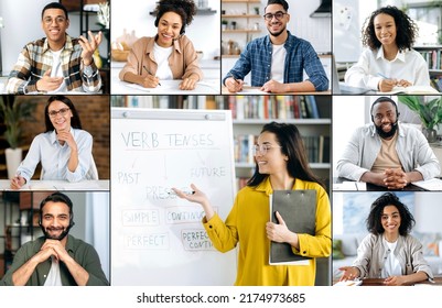 Distance education, online lecture, webinar. Smart caucasian female teacher stands near marker board, tells information, gives online lesson to multiracial students via video conference - Powered by Shutterstock