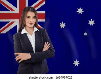 Distance Learning In Australia. Young Woman Student And Australian Flag