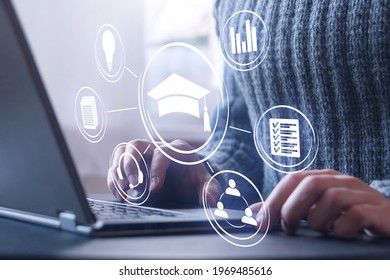 distance learning, online education, webinar lecture seminar on laptop, blue toned - Shutterstock ID 1969485616