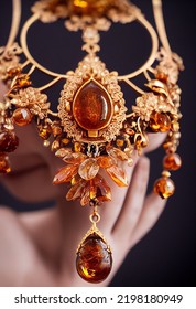 A Distance Macro Lens Photograph With Cinematic Lighting Of An Enormous Pile Of Victorian Jewelry Designs Burmese Amber Golden Yellow Mixed Cognac Color Pendants Setting With Silver, Oval Shape, Surro