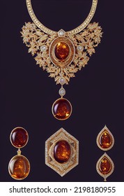 A Distance Macro Lens Photograph With Cinematic Lighting Of An Enormous Pile Of Victorian Jewelry Designs Burmese Amber Golden Yellow Mixed Cognac Color Pendants Setting With Silver, Oval Shape, Surro