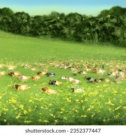distance view, lots of guinea pigs running through a spring field, using realistic fantasy illustration