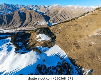 Distant aerial perspective showcasing vast grassy mountain ridges and a snow covered valley pasture with a small forest patch