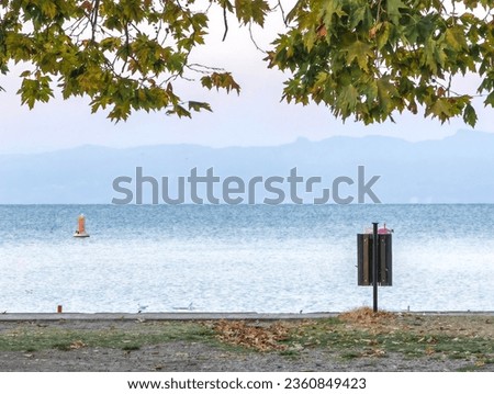 Distant cousins, relatives. Green garbage bin, foreground and orange buoy, in the background. Framed by colorful leaves. Lake, water surface in the middle. Ecology , concept. Blue sky.