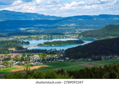 distant high angle view at lake Faak in the Austrian region of Carinthia