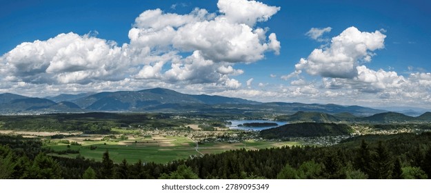 distant high angle view at lake Faak in the Austrian region of Carinthia
