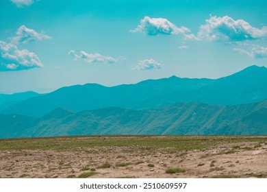 Distant Mountain Range under Clear Sky
A distant mountain range viewed from a rocky plateau under a clear blue sky with scattered clouds.
