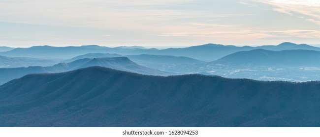 Distant Mountain Ranges Of Appalachian Mountains In Virginia, USA, On Sunrise