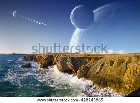 Distant planet system view from cliffs and ocean 'elements of this image furnished by NASA' '3D rendering'