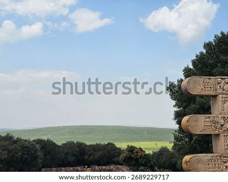 Distant shot of green Vindhya hills at Sanchi Stupa complex in India