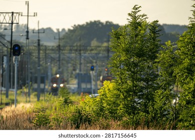 a distant train at the station