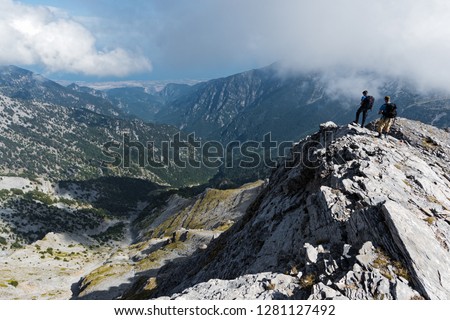 Distant view of Enipeas Gorge on Mount Olympus, the highest mountain of Greece and  home of the ancient Greek gods