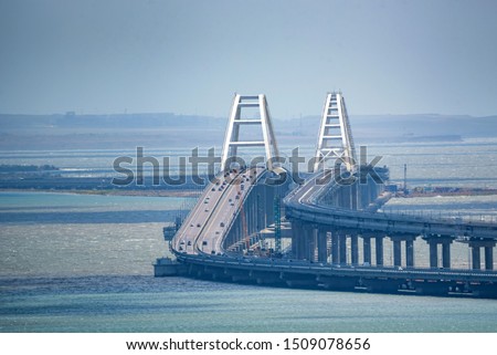 Distant view of new Crimean bridge in Kerch strait