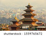 Distant view of Nyatapola Temple in Taumadhi Square, the tallest temple standing tall in an ancient city of Bhaktapur, a UNESCO World Heritage site located in the Kathmandu Valley, Nepal.