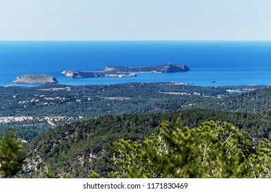 Distant View To Rocky Coastline, Coast Of Ibiza Island And Seascape Of Mediterranean Waters. Pine Treeline Forest, Green Area, Altitude. Beautiful Nature, Idyllic Landscape.  Balearic Islands. Spain